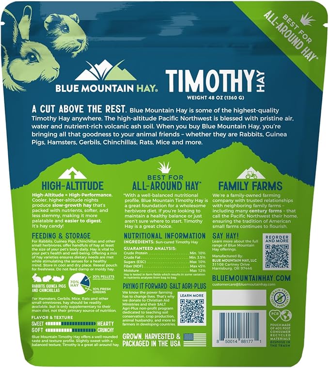 Blue Mountain Hay | Fresh Timothy Hay (48 Ounce) | Great for All Ages | High-Altitude Hay Pet Food for Rabbits, Guinea Pigs, Chinchillas, Hamsters, and Other Small Pets-PawvioPets