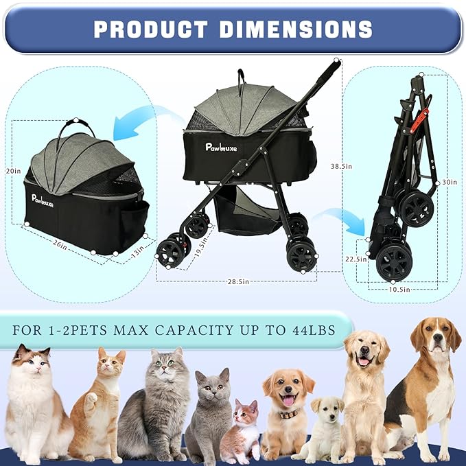 4 Wheels Pet Stroller 4 in 1 Pet Stroller with Detachable Carrier for Small & Medium Dogs Cats up to 55 lbs Easy-Folding Travel Dog Wagon with Car Seat Breathable Mesh,Black-PawvioPets