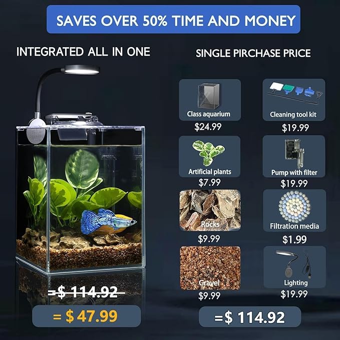 Desktop Glass Fish Tank 1.25 Gallons Small Aquarium Set, Self Cleaning Filter System Bright LED Light Gravel Plant Cleaning Tool, Betta Small Space Kit Easy Setup Space Saving Design-PawvioPets