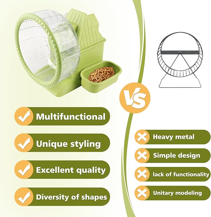 4 in 1 Silent Large Hamster Wheel Multifunctional Hamster Running Wheel Quite Running Spinner Wheel Accessories with Food Bowl Water Bottle for Hamsters Dwarf Gerbil (Green)-PawvioPets