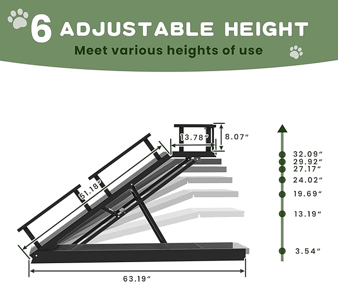 6 Level Height Adjustable Dog Ramp for Bed, Couch 65" Foldable Pet Ramp with Non-Slip Mat，DIY Glow Strips & Rest Platform Heavy Duty Dog Stairs for Large Dogs up to 200Lbs ，Black-PawvioPets