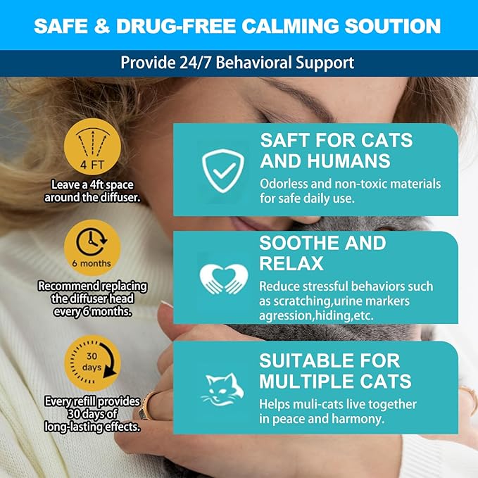 Cat Calming Diffuser, Cat Pheromones Calming Diffuser with 1 Diffuser + 2 Refills 48ml, Cat Anxiety Relief Cat Pheromone Diffuser Kit 60 Days, Pheromone Diffuser to Calm Cats-PawvioPets