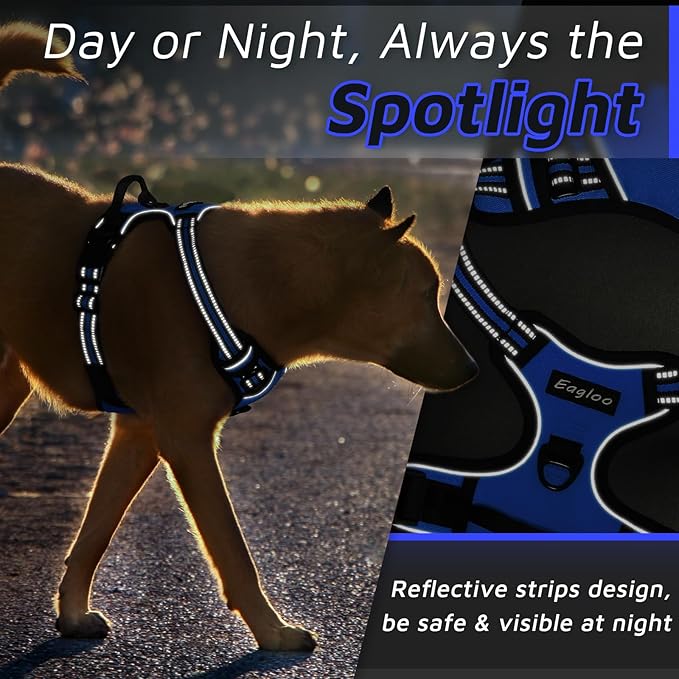 Eagloo Dog Harness Medium Sized Dog, No Pull Service Vest with Reflective Strips and Control Handle, Adjustable and Comfortable for Easy Walking, No Choke Pet Harness with 2 Metal Rings, Blue, M-PawvioPets