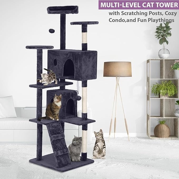 70 Inches Cat Tower for Indoor Cats, Multi-Level Cat Condos with Scratching Posts, Hanging Toys, Ashy-PawvioPets