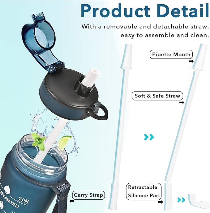 Enerbone Water Bottle, Leakproof BPA & Toxic Free, Motivational Water Bottle with Times to Drink and Straw, Fitness Sports Water Bottle with Strap for Office, Gym, Outdoor Sports-PawvioPets