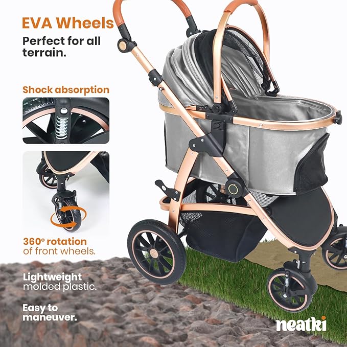 3 in 1 Pet Stroller - Stroller for Small to Medium Dogs and Cats up to 55 lbs, with Detachable Carrier/Car Seat, Foldable and Lightweight, Detachable Cushion + Cup Holder (Gray)-PawvioPets