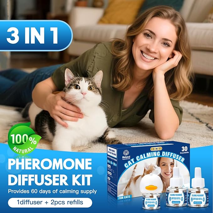 Cat Calming Pheromones Diffuser: 3-in-1 Kit Cat Appeasing Pheromone Diffuser to Calm (1 Plugin+2x48ml Refills) for Comfort Reduces Stress Anxiety, Long-Lasting Appeasing Pheromone for Pet Cat (3in1)-PawvioPets