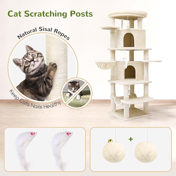 Globlazer Corner Cat Tree for Large Cats, 66inch Tall Curved Series Large Cat Tower for Multiple Indoor Cats with 6 Scratching Posts, 2 Spacious Cat Condos, Hammock, Hanging Basket, C66, Beige-PawvioPets