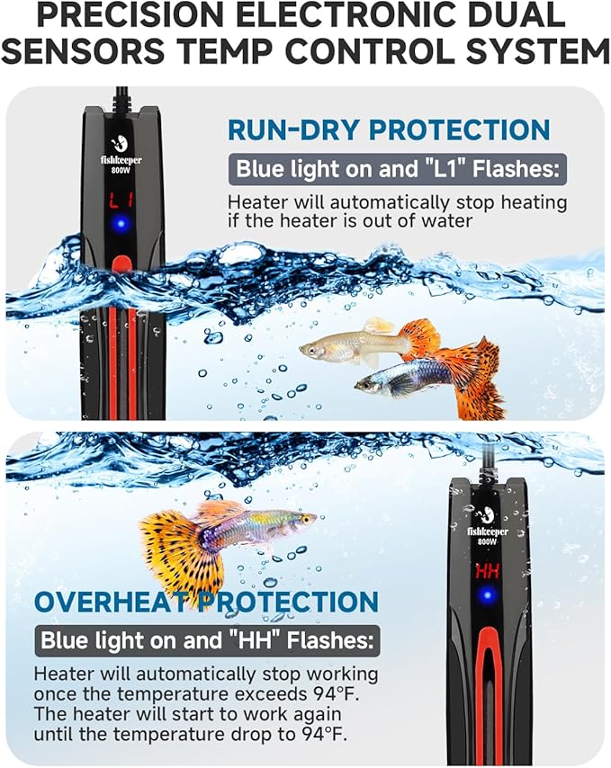 fishkeeper 800W Submersible Aquarium Heater for 80-220 Gal Fish Tanks (Run-Dry/Overheat/Low-Temp Protection)(Precision Electronic Smart Thermostat)(Adjustable Temperature) Ultra-Safe Fish Tank Heater-PawvioPets