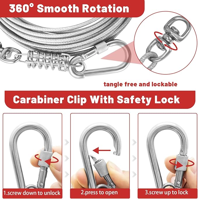 Dog Tie Out Cable - 10/15/20/25/30FT Heavy Duty for Large Dogs Up to 250LBS - Rosy Pink/Blue/Purple/Silver/Red/Green/Yellow-PawvioPets