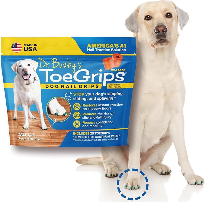 Dr Buzby's XXLarge ToeGrips for Dogs - Instant Traction on Wood/Hardwood Floors - Anti Slip Relief - Grippers for Senior Dogs - Stop Sliding Instantly - Rubber Nails for Paws - 1 Pack (20 Grips)-PawvioPets