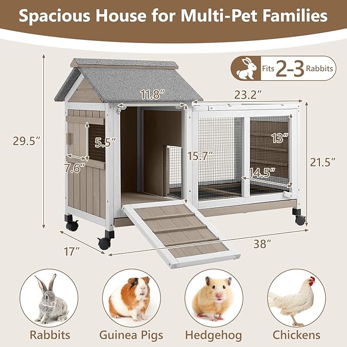 38''L Rabbit Hutch Outdoor Indoor with Wheels, Wooden Expandable 2 Story Bunny House Rabbit Cage with Run, Waterproof Roof, Pull Out Tray, Guinea Pig Cage Chicken Coop for Small to Medium Pets-PawvioPets
