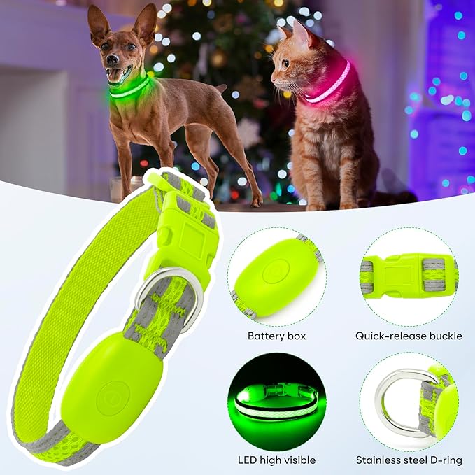 Flashseen LED Cat Collar,Light Up Dog Collar Rechargeable, Dog Lights for Night Walking, Comfortable Soft Mesh Pet Collar Adjustable for Cats Puppy and Small Dogs(Neon Green, XS)-PawvioPets