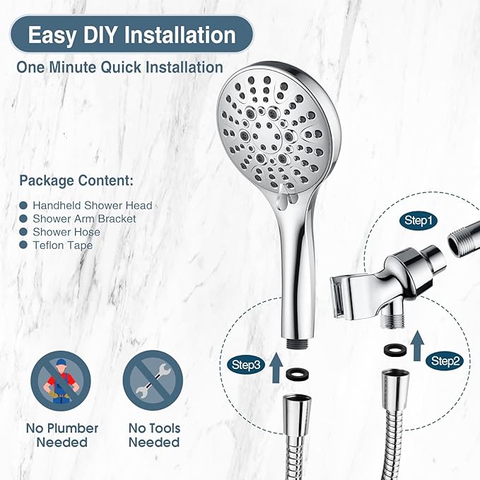 BRIGHT SHOWERS High Pressure Shower Head with Handheld, 9 Spray Settings Showerhead Built in Power Wash to Clean Tub and Pets, Extra Long 69" Hose, Adjustable Bracket, Chrome-PawvioPets