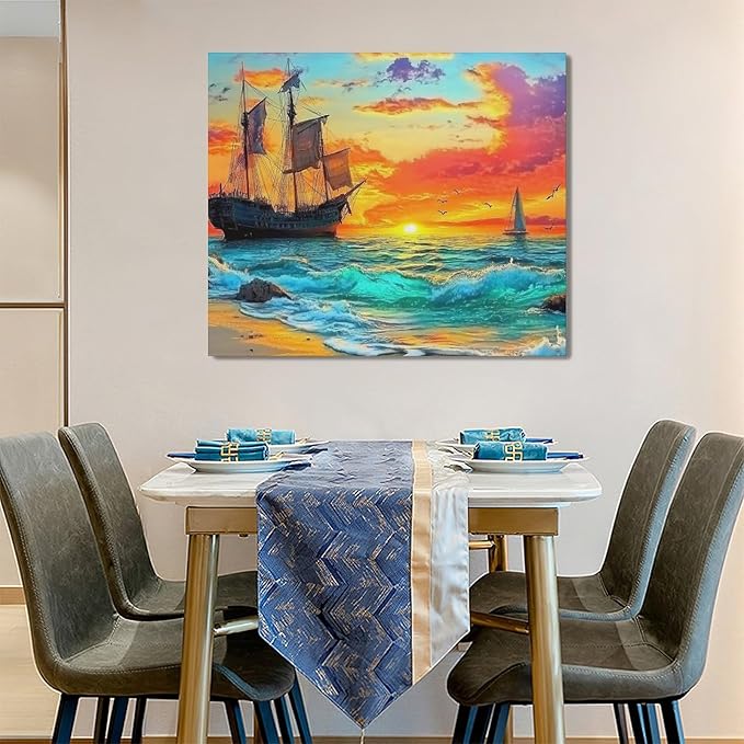 Framed Large Ship Wall Art for Living Room, Oversized Coastal Beach Boat Wall Decor Nautical Seascape Sailboat Canvas Painting Modern Artwork Home Decoration for Living Room Bedroom 60"x30"-PawvioPets