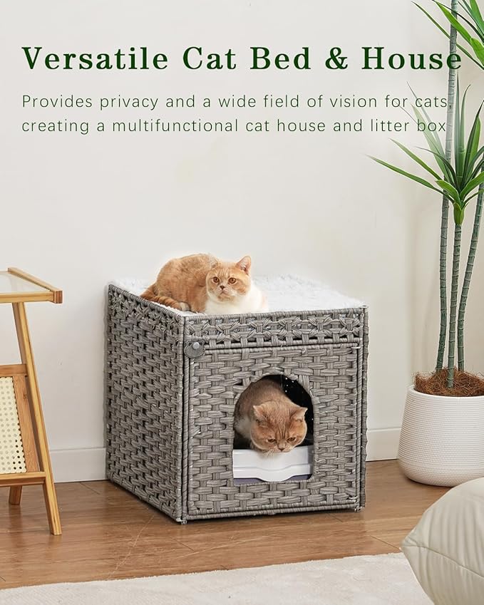 Cat Beds for Indoor Cats Extra Large Double Cat Cave Pet Cube, Handwoven Rattan Cat Houses with Double-Sided Soft Cushions, 18.5 x 20.5 x 19.1 Inches Foldable Hideaway in Living Room Gray-PawvioPets