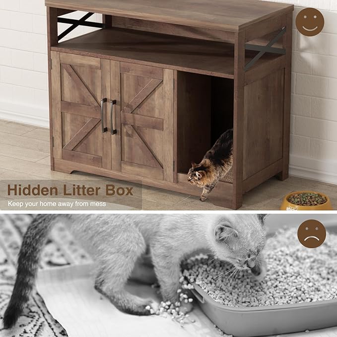Cat Litter Box Enclosure, Hidden Litter Box Furniture with Scratch Pad, Farmhouse Indoor Cat House Washroom End Table, Retro Brown-PawvioPets