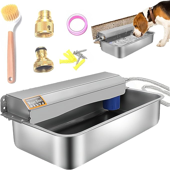 6L Automatic Dog Water Dispenser Bowl for Large Dogs, 304 Stainless Steel Wall Mounted Pet Waterer with Float Valve, Self-Filling Outdoor Water Trough for Pets/Livestock-PawvioPets