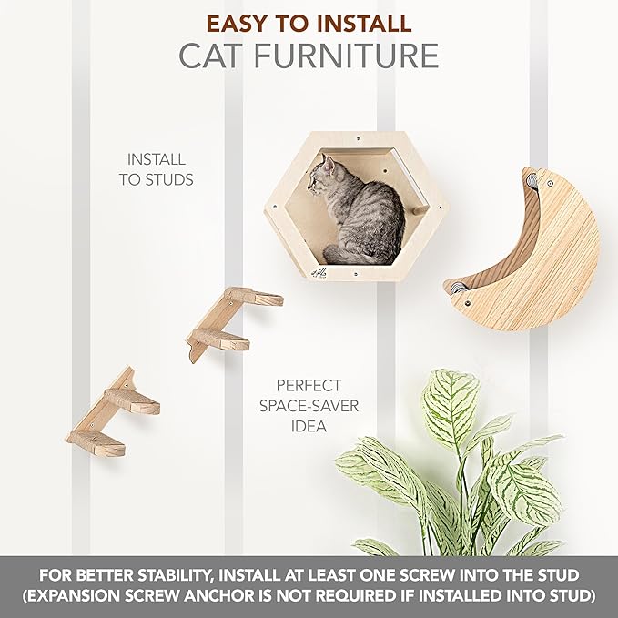 3-Piece Cat Wall Furniture Set - Hammock, Hexagon House, Climbing Steps - Wall Mounted Shelves, Perches, and Beds - Modern Design for Large Cats and Kittens & Spare Hammock Fabric Included-PawvioPets