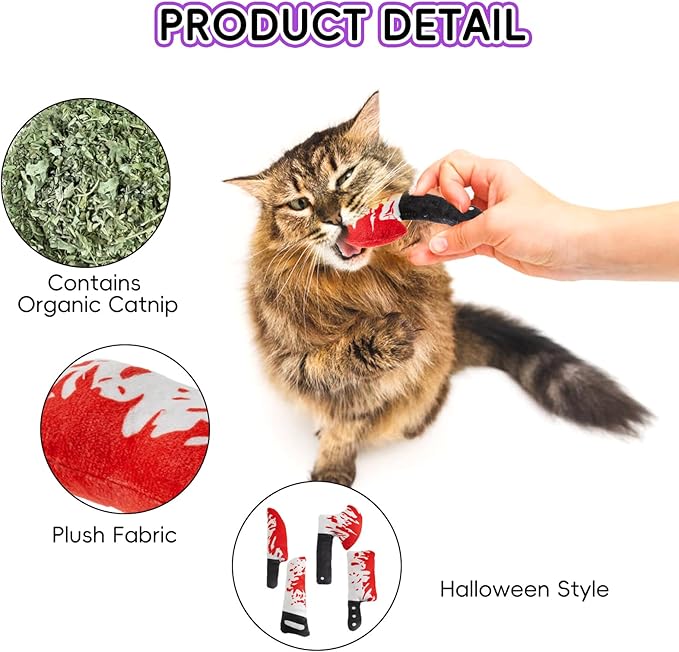 8pcs Catnip Toy, Indoor Knife Shaped Cat Toy Horror Plush Interactive Chew Bite Toys for Halloween Christmas Cat Kitten Indoor Festive Holiday Cat Lover Gift-PawvioPets