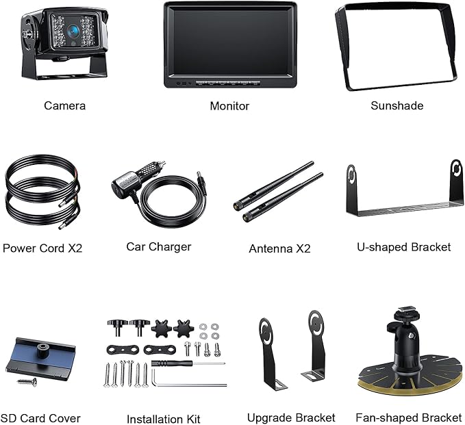 Fookoo HD 1080P 9" Wireless Backup Camera System, 9-inch Dual/Quad Split Monitor w/Recording, Supports 4 Cameras, IP69 Waterproof Rear View Cam Parking Lines 32GB SD Card for RV/Trailer/Truck(DW901)-PawvioPets