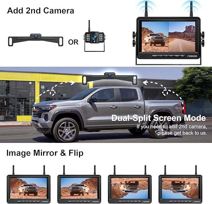 Fookoo HD 1080P 7-inch Wireless Backup Camera, 7" Split Screen Monitor + Rear View Licence Plate Camera, DIY Guide Lines Wide Angle IP69 Waterproof Easy to Install for Car Pickup Van SUV - DW7CT-PawvioPets
