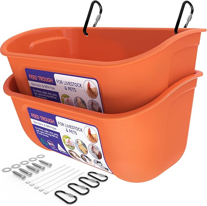 Goovilla Chicken Feeder Waterer, Hanging or Screw-in Fence Feeder with Clips, 2 Pack 5 Quart Goat Feeder Supplies, Duck Piglet Sheeple Coop Dog Livestock Poultry Plastic Feeder Trough Bucket, Orange-PawvioPets