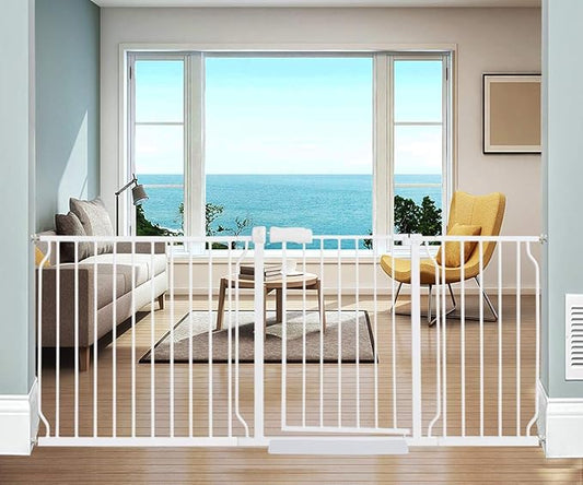 ALLAIBB Extra Wide Pressure Mounted Baby Gate Walk Through Child Kids Safety Toddler Tension White Long Large Pet Dog Gates with Extension for doorways Kitchen and Living Room (71.65-76.38"/182-194cm)-PawvioPets