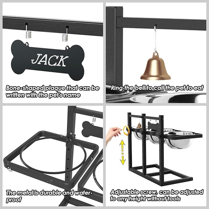 Elevated Dog Bowl Stand for Medium/Large Dogs with Slow Feeder & Mat, Adjustable Height 3.9'',5.5'',7.1'',8.7'',10.2'',11.8'', 58oz Raised Triple Dog Food Water Bowls-PawvioPets