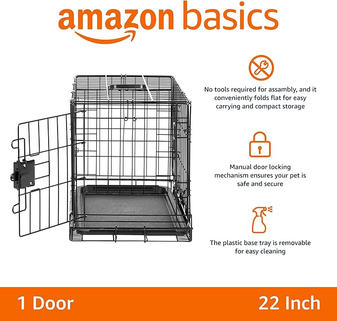 Amazon Basics Durable, Foldable Metal Wire Pet Crate with Tray, Portable and Sturdy for Travel, Single Door, Divider Panel, Perfect Size for Small Dogs, 22 x 13 x 16 in, Black-PawvioPets