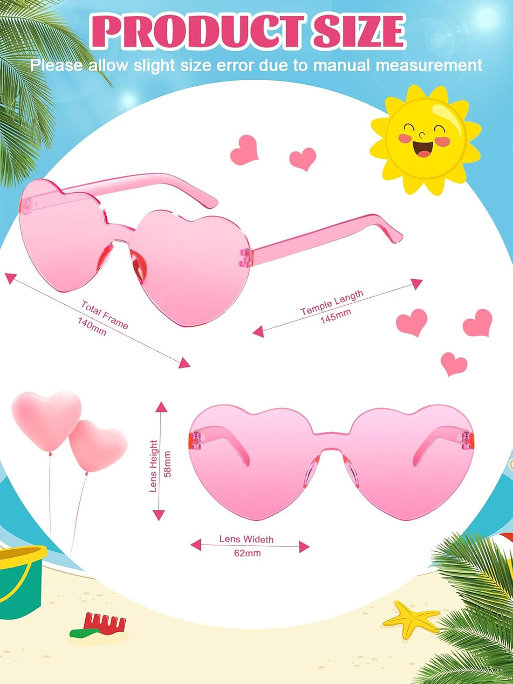 12 Pairs Heart Shaped Sunglasses for Women Colorful Glasses Fun Trendy Transparent Heart Sunglasses Party Favor (Multiple Pink)