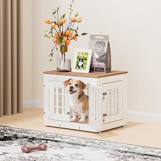 26" Heavy Duty Dog Crate Furniture for Small,Medium and Large Dogs,Rustic Wooden Dog Cage Kennel Indoor Furniture with Waterproof Top,Decorative Pet House Side End Table (White & Wood)-PawvioPets