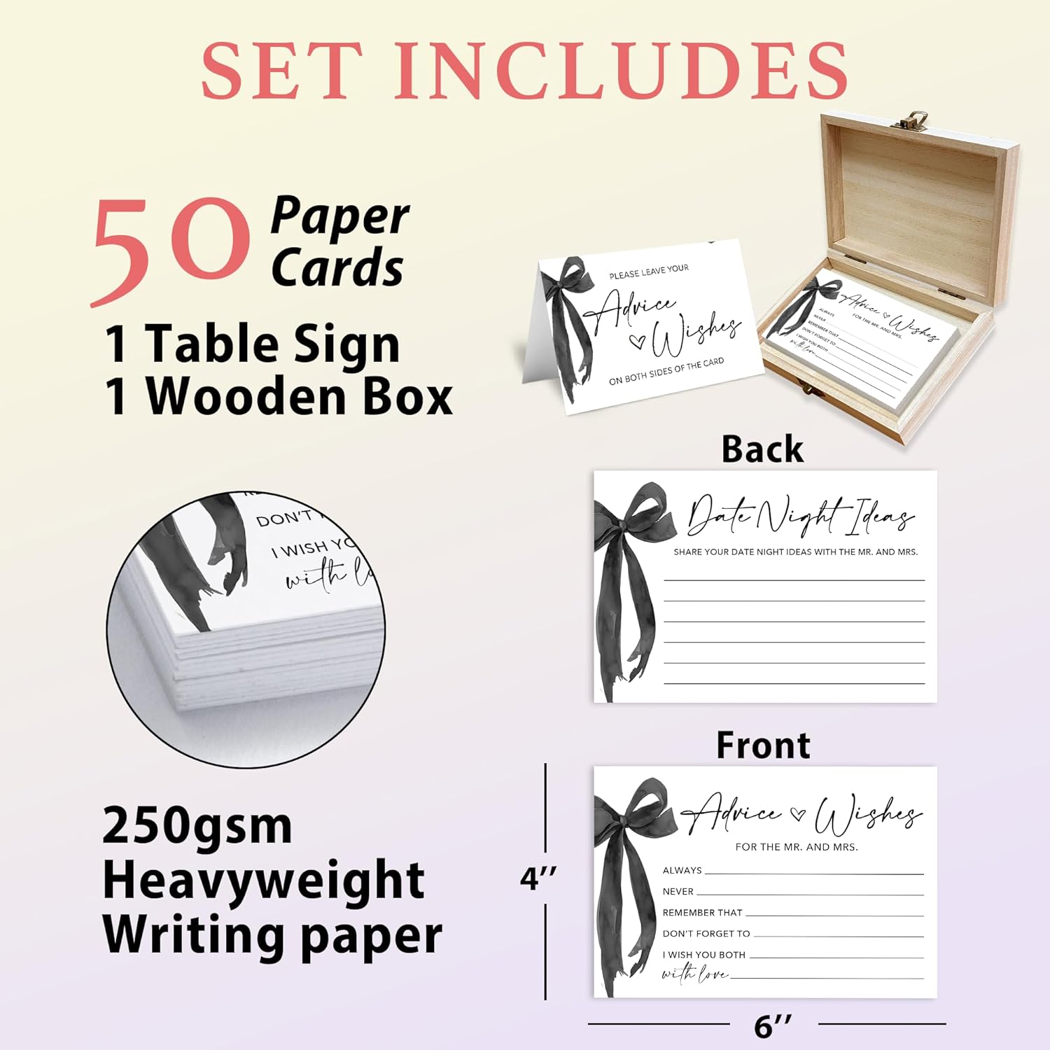 50 Pcs Advice and Wishes for the Mr and Mrs Cards in Box - Bridal Shower Guest Book - Perfect for Newlywed Games, Reception Decor, Engagement Parties & Anniversary Wishes(Black Bow) - B07