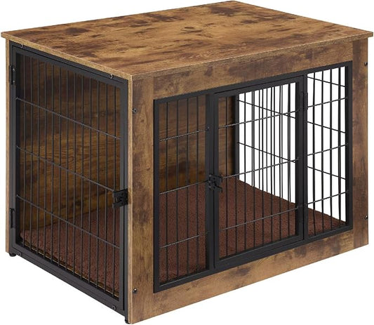 FLEXIMOUNTS Dog Crate Furniture with Cushion, Wooden Dog Kennel Furniture, Heavy Duty Dog Cage, 40" Dog Kennel with Double Doors, L-PawvioPets