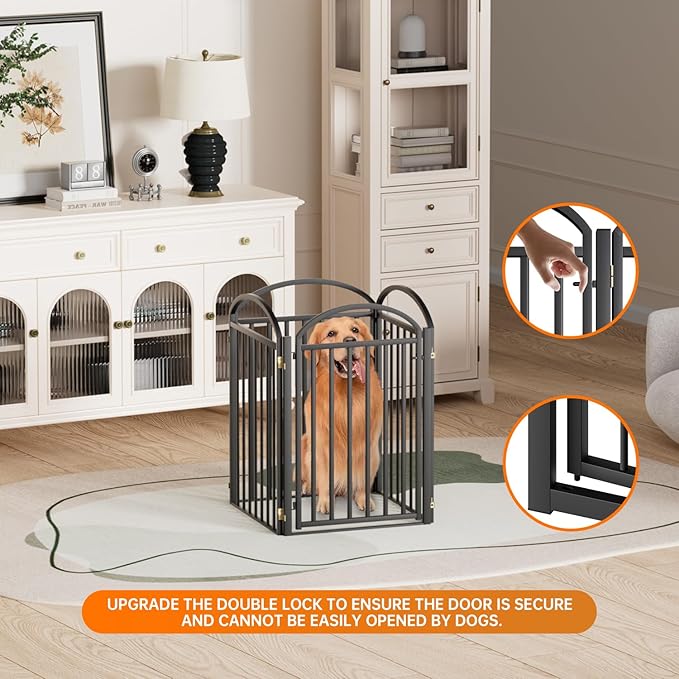 4 Panles Full Matel Freestanding Dog Gates with Door, 96"Extra Wide 32"Tall Free Standing Dog Pet Gate for Indoor & Outdoor. Foldable Pet Fences for Doorways, House, Stairs, Porch, Deck, Yard-PawvioPets