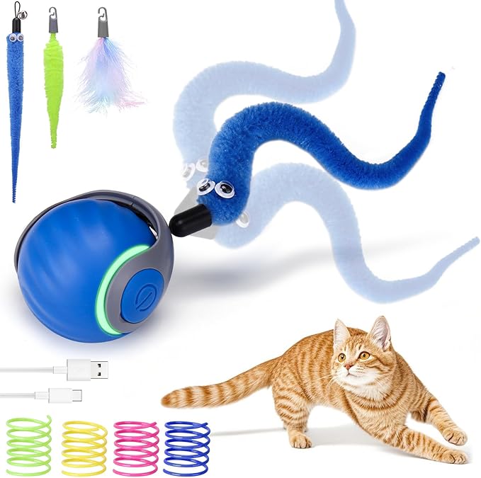 AIERSA Interactive Cat Toys for Indoor Adult Cats, Automatic Self-Play Cat Ball Toy for Kitten to Keep Them Busy, Electric Speed Tail Moving Cat Toy with 3 Tails and 4 Springs (Blue)-PawvioPets