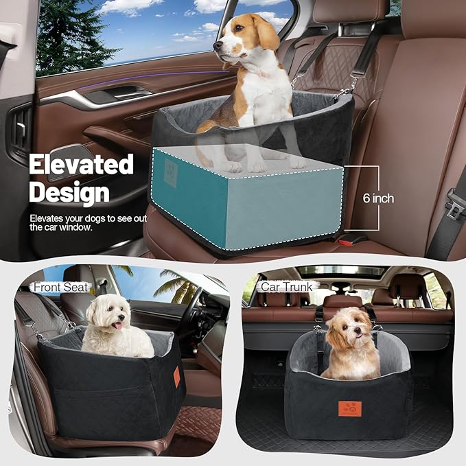 Dog Car Seat for Small Medium Dogs, Memory Foam Booster Car Seat for Dogs up to 35 lbs, Elevated Pet Car Seat with Washable Removable Cover and Storage Pockets (Black/Gray)-PawvioPets