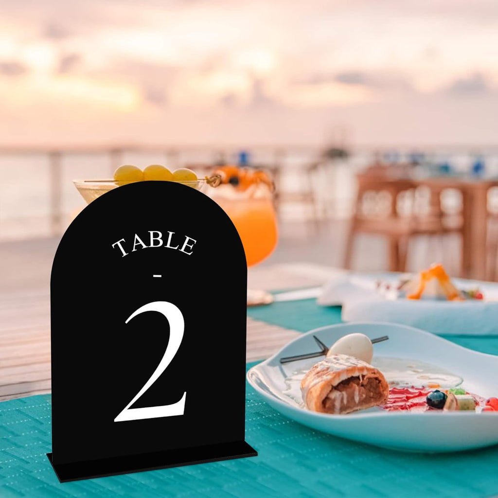 JOYIT Arch Wedding Table Numbers 1-10 with Stands – Double-Sided Printed 5" X 7" Acrylic Signs with Black Background and White Text, Perfect for Wedding Receptions, Parties, Anniversaries, and Events