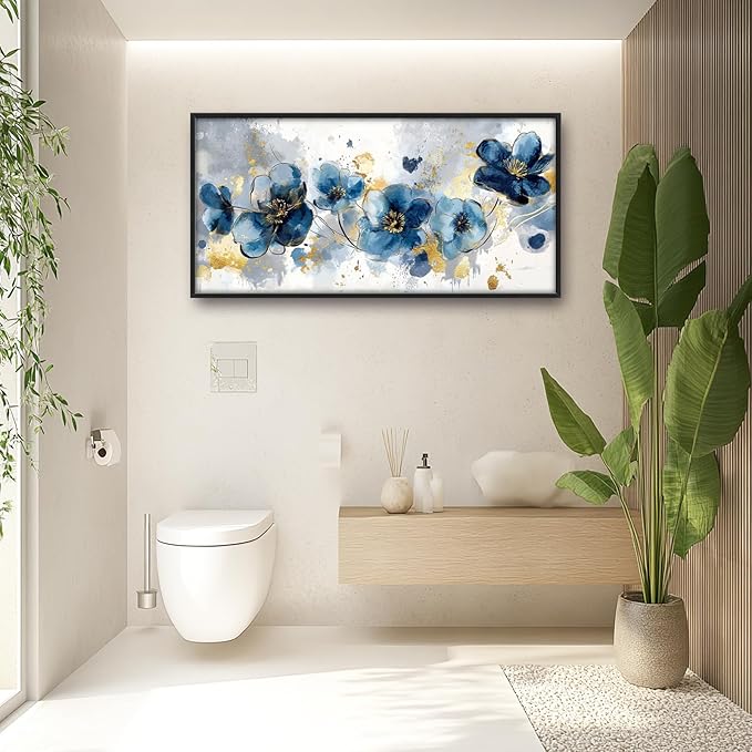 Extra Large Framed Abstract Blue Flower Wall Art,Oversized Golden Grey Floral Wall Decor Pictures for Living Room,Canvas Print Painting Modern Artwork Bedroom Office Bathroom Home Decor 60L" x 30W"-PawvioPets