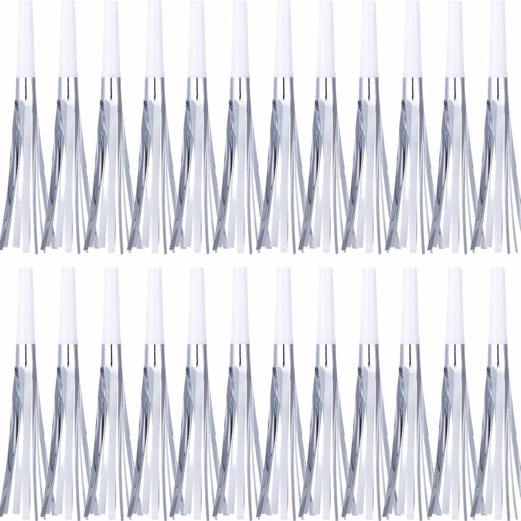 24 Pcs Silver Noise Makers Glitter Metallic Fringed Noise Makers Horns for Baby Shower, Kids Birthday, New Year Party Favor