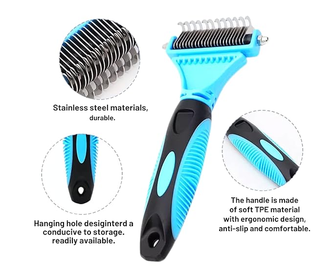 3-in 1 Dog & Cat Grooming Supplies- Self-cleaning Slicker Brush, Deshedding Rake Comb, And Finger Toothbrush For Dogs & Cats | Perfect For Pet Grooming Kit, Dematting And Dental Tool (blue)-PawvioPets