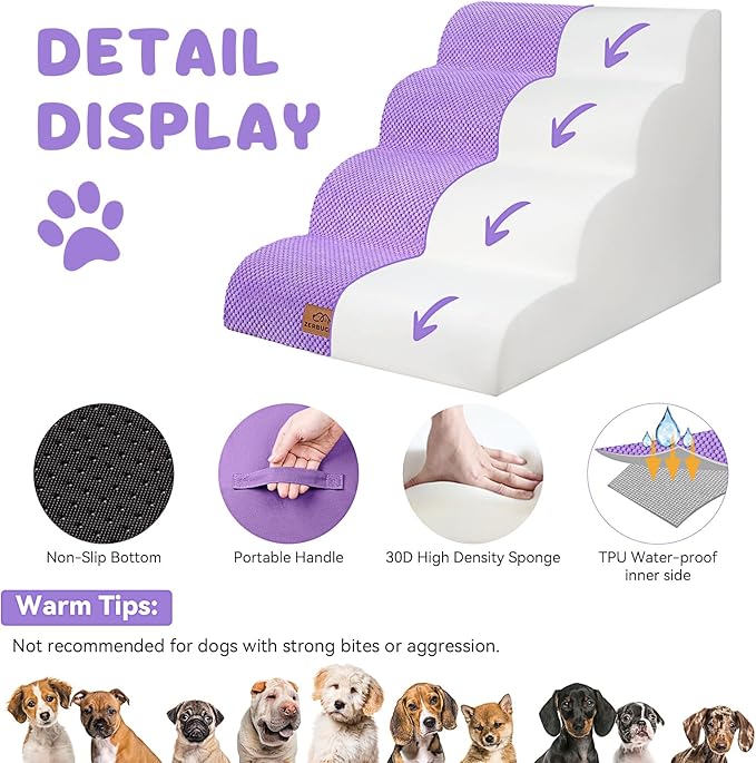 Dog Ramp and Stair for Bed 16" H-20 H,3-Step Cat Stair for Sofa and Chair,4-Step Dog Ramp for High Bed and Window,Durable Nonslip Fabric Cover for Indoor (Purple-20 H, Pet Friendly, 4)-PawvioPets