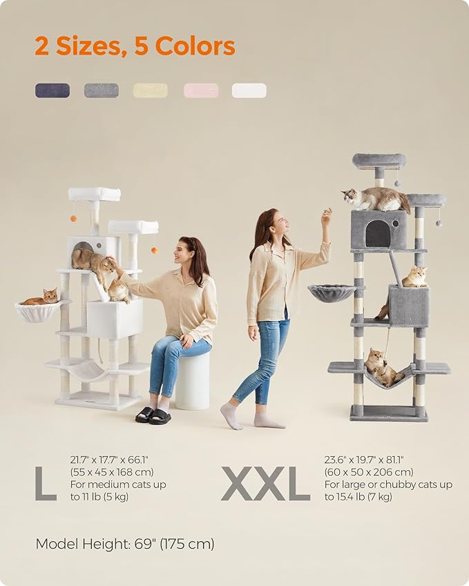 Feandrea Cat Tree, 66.1-Inch Large Cat Tower with 13 Scratching Posts, 2 Perches, 2 Caves, Basket, Hammock, Pompoms, Multi-Level Plush Cat Condo for Indoor Cats, Cream White UPCT165T01-PawvioPets