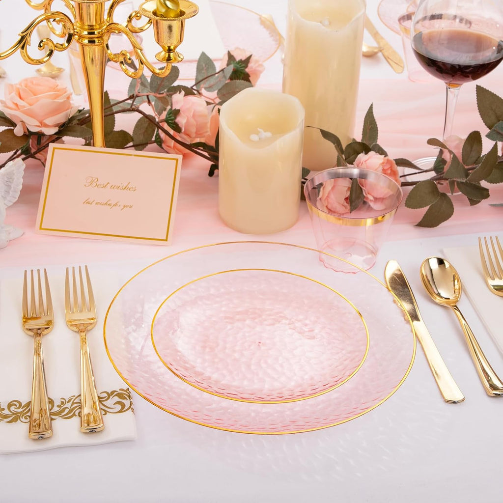 Rubtlamp 175 Pcs Pink Plastic Plates Dinnerware Set (25 Guests), Pink Disposable Plates With Gold Rim, Hammered Party Platos Set Include Dinner Plates, Dessert Plates, Cups, Cutlery for Party