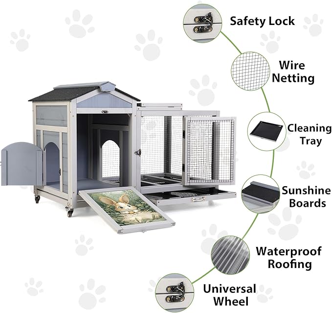 COZIWOW 38.5inches Durable Wooden Rabbit Cage Indoor，Wide Space Small Animal House with Removable Tray&Safety Lock，Rubbit Hutch with Waterproof Roof&Solar Panels (Grey with Pattern)-PawvioPets