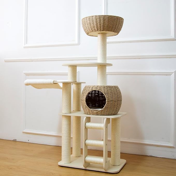 54 Inch Cat Tree for Indoor Cats, Tall Wooden Cat Tower with Scratching Posts, Rattan Condo and Perch, Multi-Level Cat Climber, Stylish Pet Furniture-PawvioPets