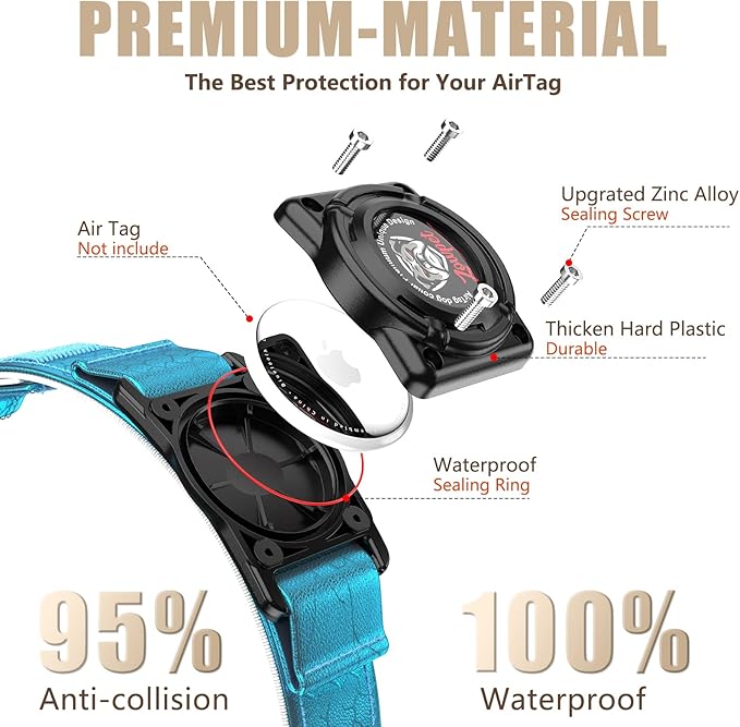AirTag Dog Collar - Leather Dog Collar with Airtag Holder | IP68 Waterproof AirTag Holder with Metal Buckle, Comfortable GPS Dog Collars Tracker for Medium Large Dogs (Blue, M)-PawvioPets