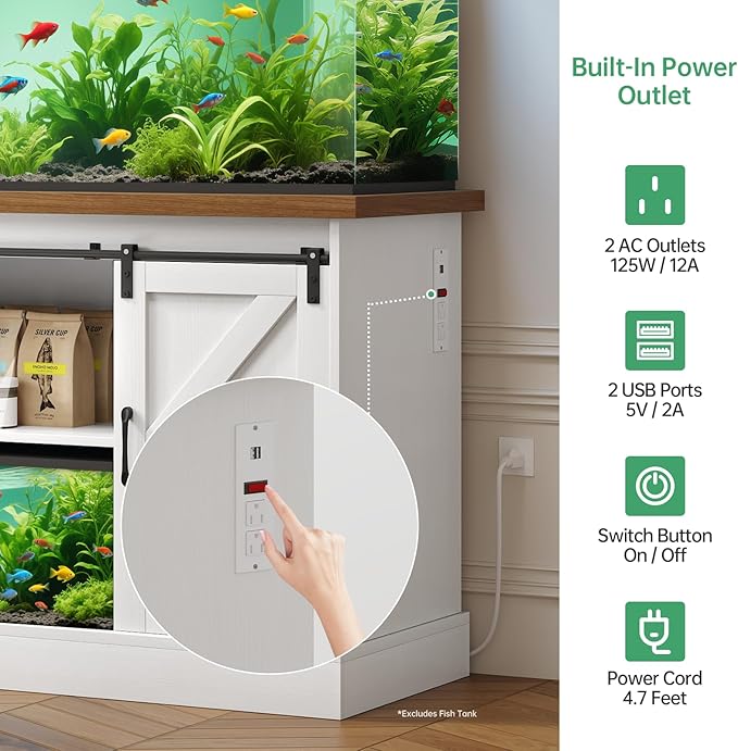 Fish Tank Stand Up to 75 Gallon, Aquarium Stand with Sliding Barn Doors & Power Outlet, White Farmhouse Style Stand with Cabinet Storage for Fish Tank, Turtle Tank, Reptile Terrarium,1000LBS Capacity-PawvioPets