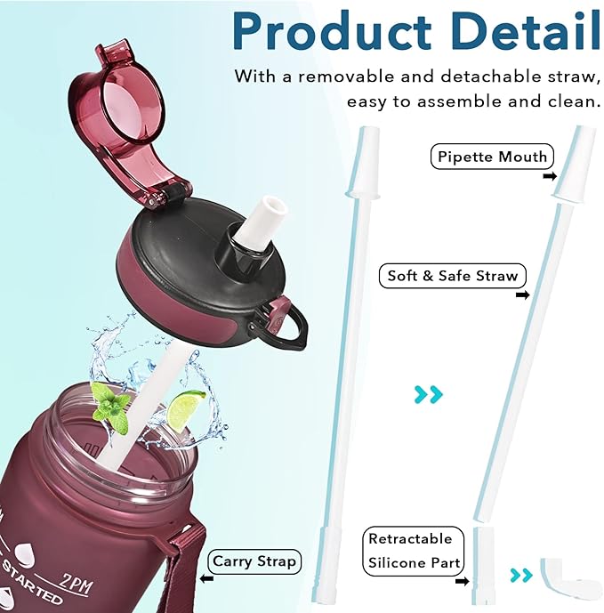 Enerbone Water Bottle, Leakproof BPA & Toxic Free, Motivational Water Bottle with Times to Drink and Straw, Fitness Sports Water Bottle with Strap for Office, Gym, Outdoor Sports-PawvioPets