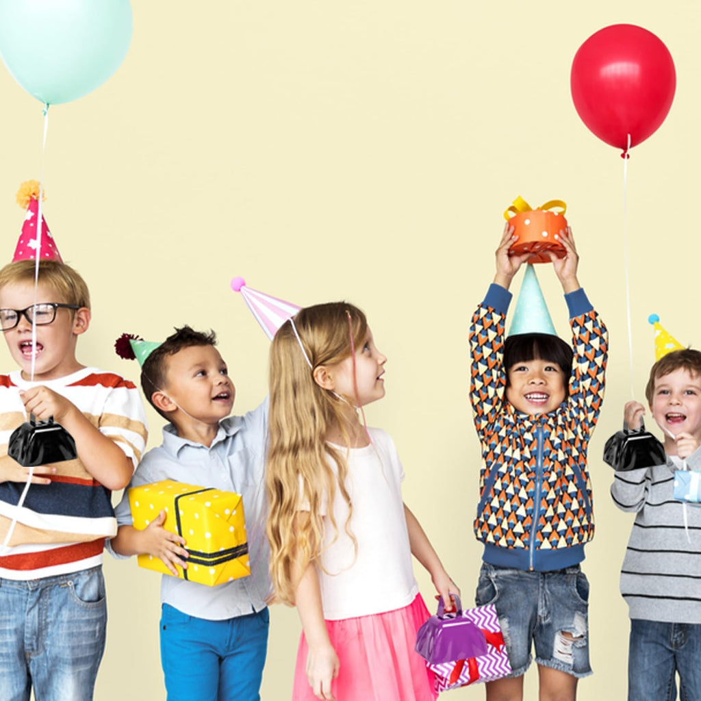 Metal Cow Bell Noise Maker - 3 Inch Pack of 4 - Small Loud Metal Cowbell Noisemaker with Handle - Great for Football Games, Sporting Events, Weddings, New Year's Eve, Birthday Parties